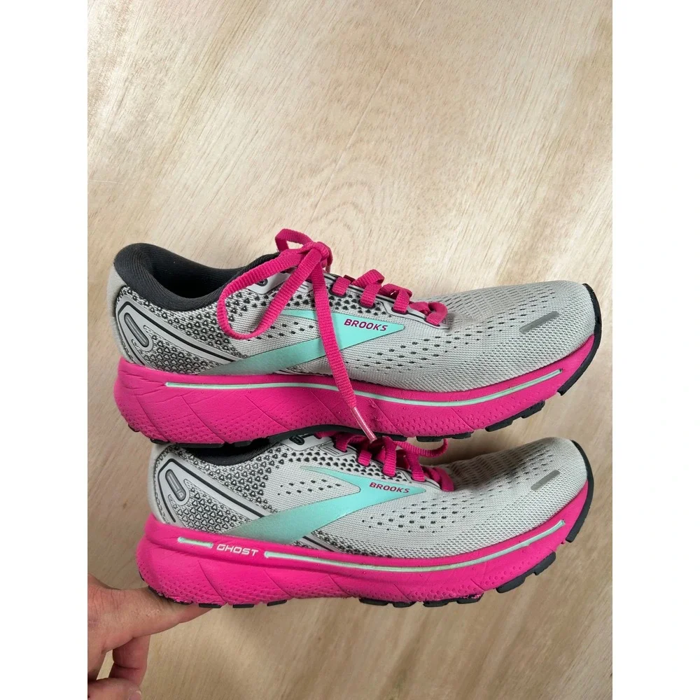 Brooks Ghost 14 Womens size 7 Running Shoes Grey Pink Teal Athletic Sneakers